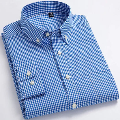 Man Standard-Fit Long-Sleeve Micro-Check Shirts Patch Pocket Thin Soft 100% Cott