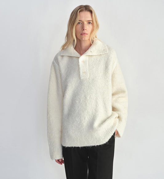 Alpaca Wool Blended Bouclé Yarn Spliced POLO Shirt Lazy and Relaxed Sweater - Italiqo