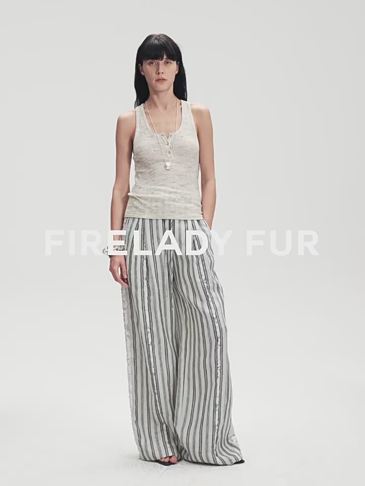 Linen Vertical Stripe Drape Wide Leg Casual Pants"Fashion Tension" - Italiqo