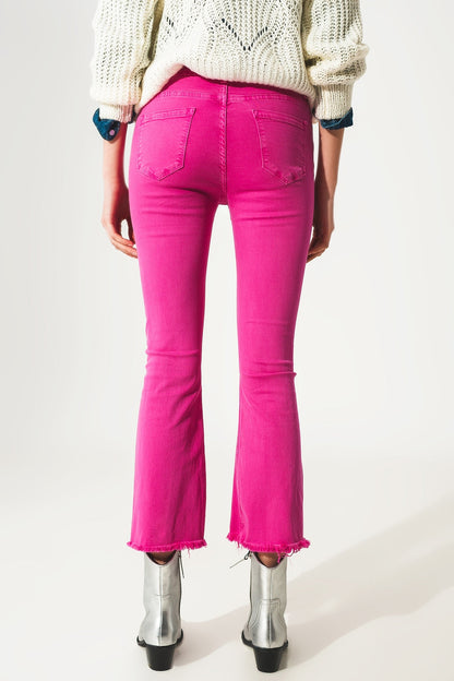 Flare Jeans With Raw Hem Edge in Fuchsia - Italiqo