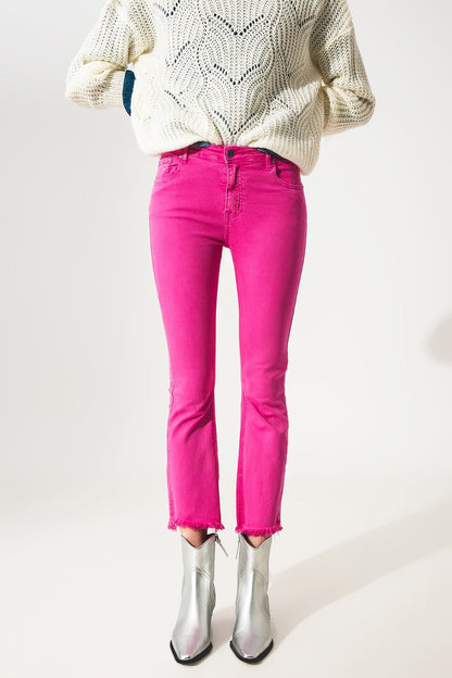 Flare Jeans With Raw Hem Edge in Fuchsia - Italiqo
